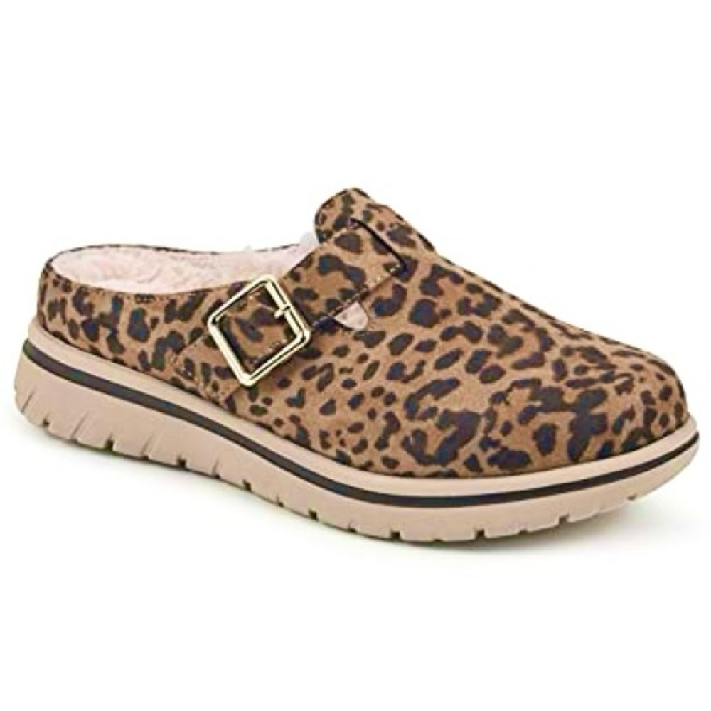 Cliffs by White Mountain Homey Leopard Print Buckle Detail Faux Fur Lined Mules